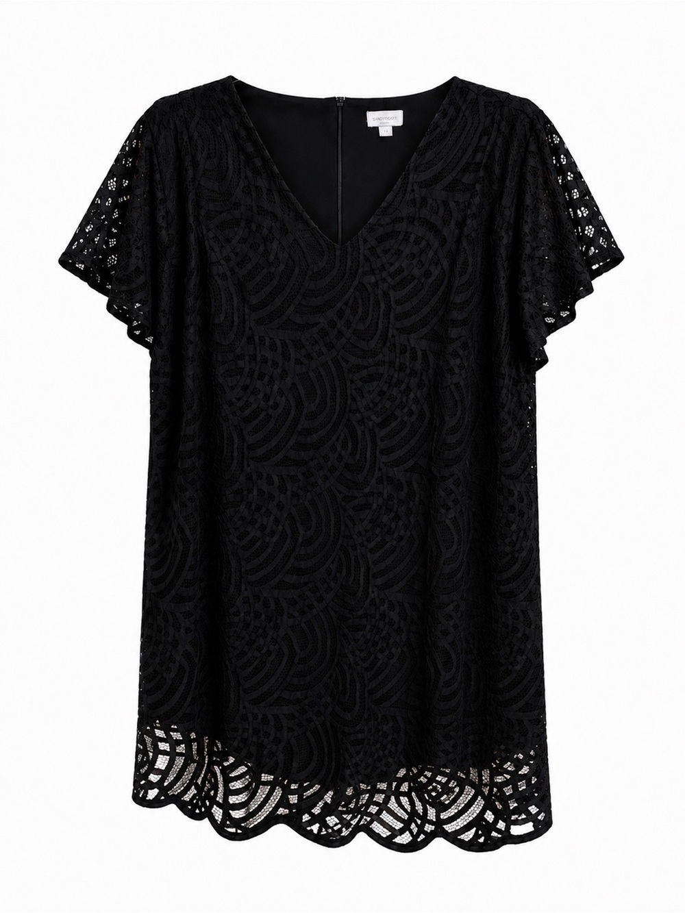 Black Lace V-Neck Dress with asymmetrical bottom and lace sleeves. 4X, 26/28W - Picture 2 of 10